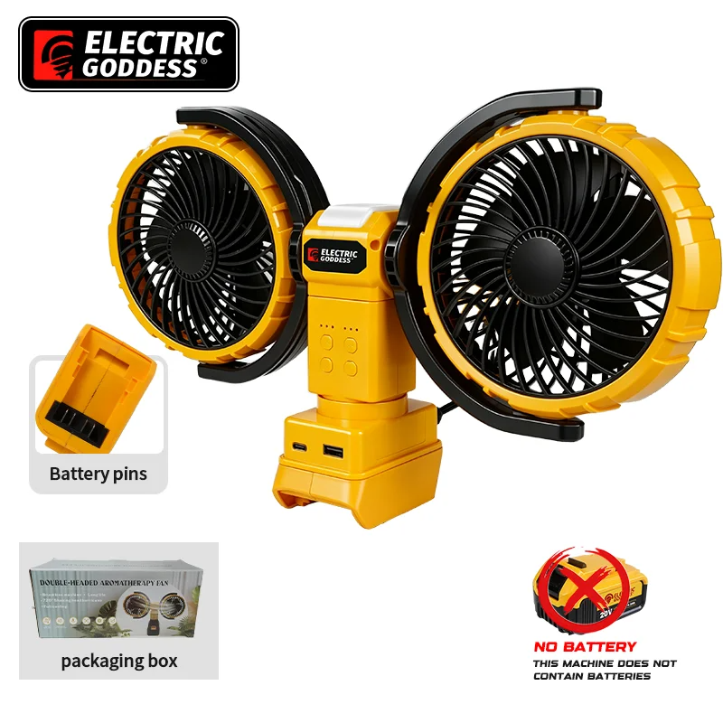 3000RPM Portable Dual Head Fan 360° Rotatable 3-Speeds Powerful Power Cooling Air Fan Low Noise Fan For Dewalt 20V Battery Pin