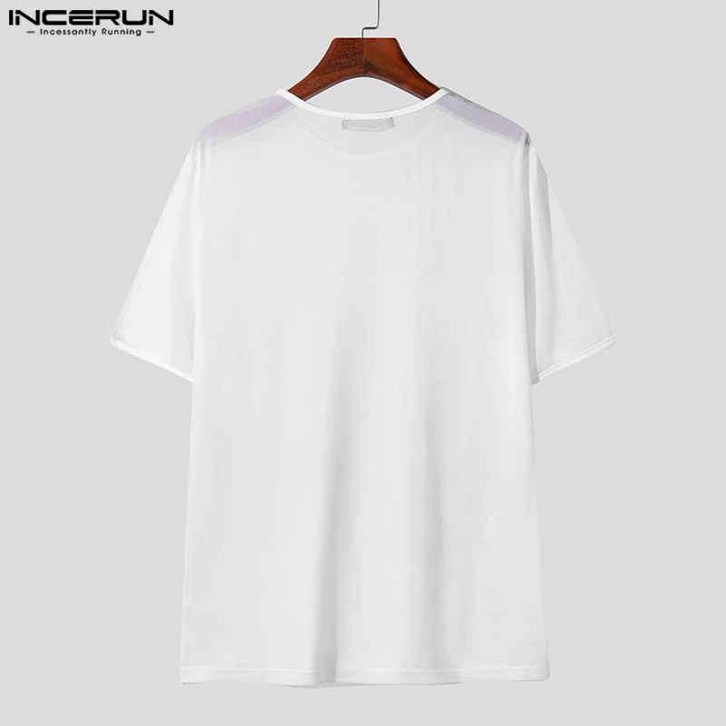 INCERUN Men's Mesh Transparent T-Shirt O-Neck Short Sleeve Sexy Streetwear Solid Color Tee S-3XL