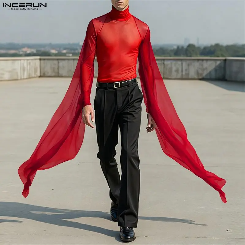 Men T Shirt Mesh Patchwork Turtleneck Long Sleeve See Through Men Clothing Streetwear Sexy Fashion Irregular Tee Tops