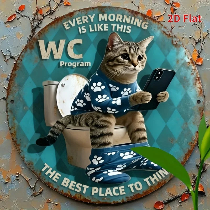 Vintage Toilet Cat with Phone Retro WC Sign – 20x20cm Aluminum Metal Bathroom Plaque – Free Shipping