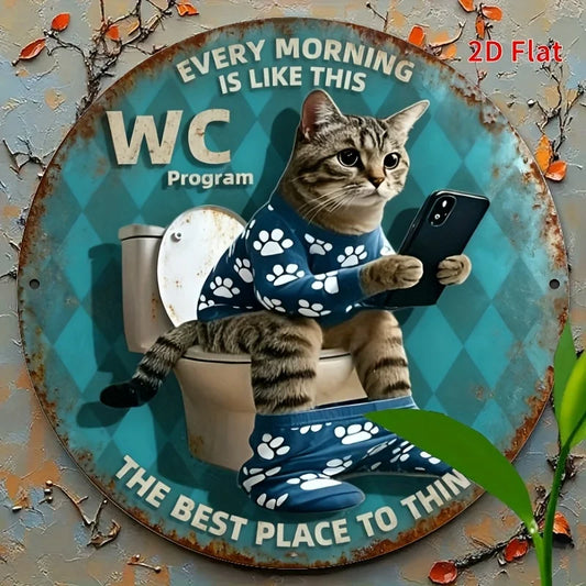 Vintage Toilet Cat with Phone Retro WC Sign – 20x20cm Aluminum Metal Bathroom Plaque – Free Shipping