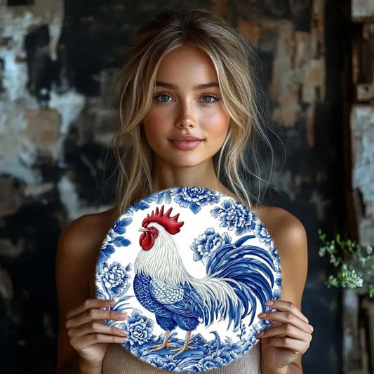 Nordic Retro Rooster Aluminum Wall Art - 1pc 2D Flat Blue & White Porcelain Style,