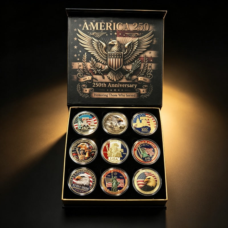 USA 250th Anniversary Commemorative Coin Set | 9-Piece Challenge Coins with Gift Box | America 1776–2026 | FREE SHIPPING