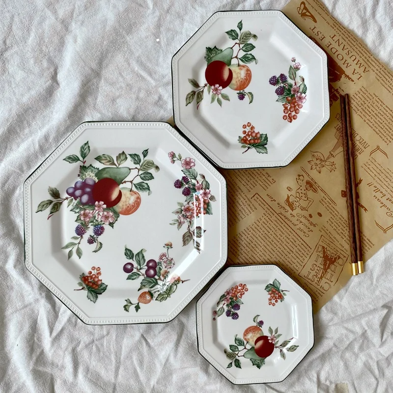 Underglaze Hand-Painted Green Octagonal Plate – Country Fruit Peach & Berry Dinnerware