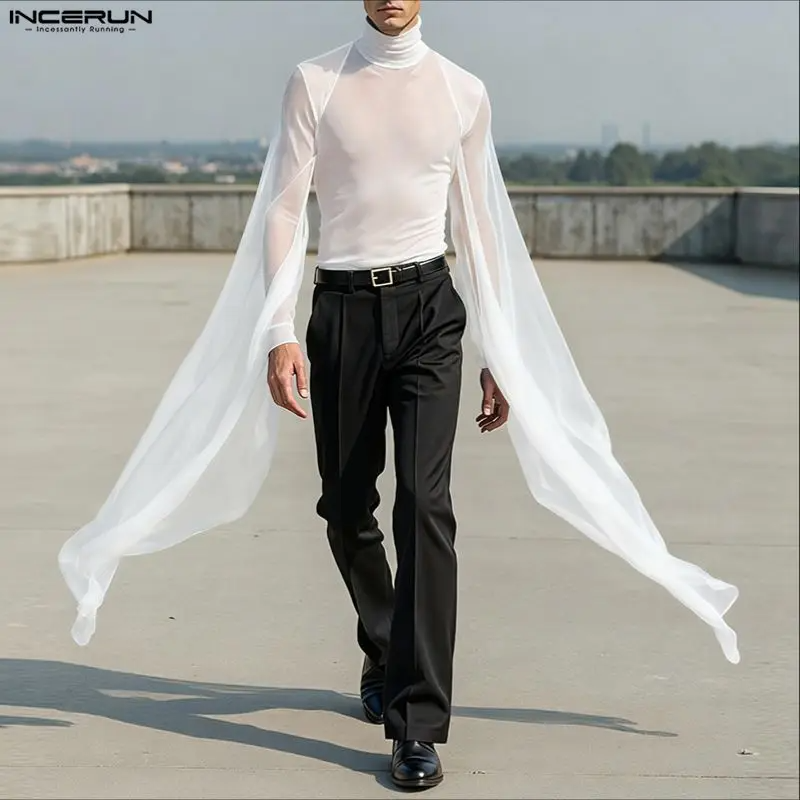 Men T Shirt Mesh Patchwork Turtleneck Long Sleeve See Through Men Clothing Streetwear Sexy Fashion Irregular Tee Tops