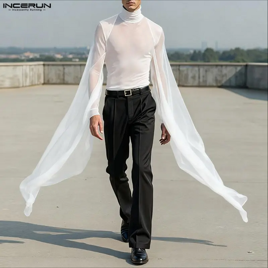 Men T Shirt Mesh Patchwork Turtleneck Long Sleeve See Through Men Clothing Streetwear Sexy Fashion Irregular Tee Tops