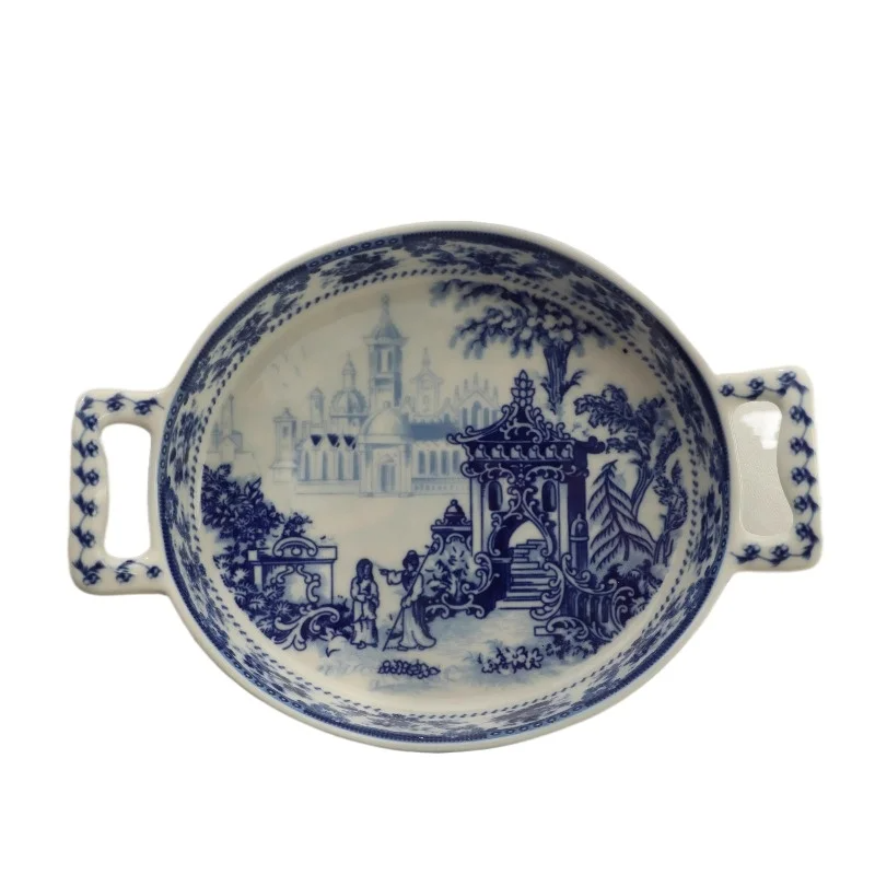 Blue & White Porcelain Casserole Dish DoubleHandled Baking Pan Vintage Ceramic Cookware for Kitchenware Traditional Cooking Pot