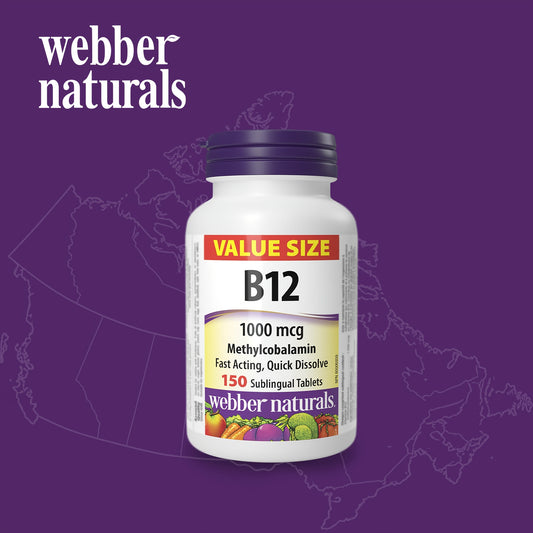 Webber Naturals Vitamin B12 1000 Mcg, in Its Active Form, Comes in a Quick-Dissolving Tablet Format of 150, Supporting Red Blood Cell Production, And Immune