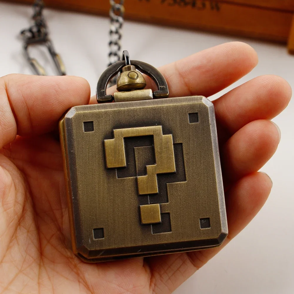 Retro Question Mark Bronze Quartz Pocket Watch — Vintage Pendant Chain Clock