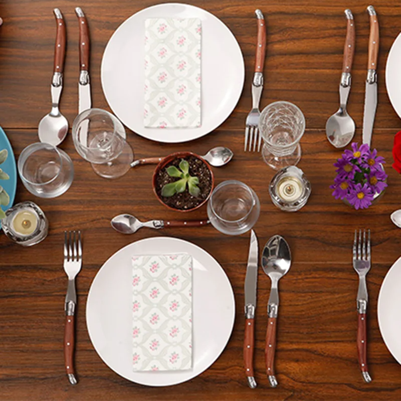 4-24PCS Laguiole Luxury Cutlery Set Rose Wood Handle Stainless Steel Dinnerware | Free Shipping