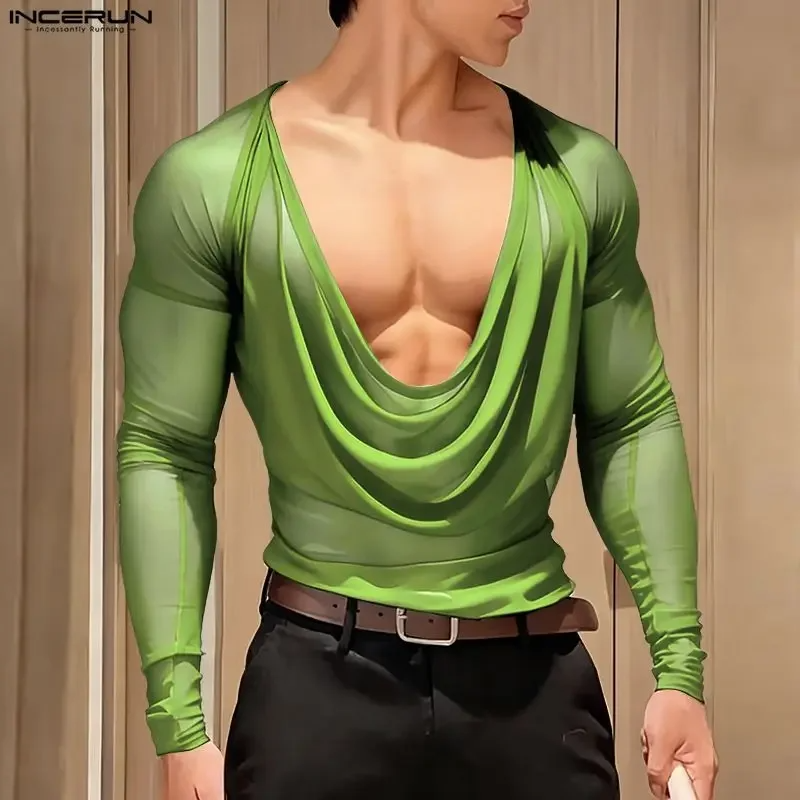 INCERUN Men T Shirt Mesh See Through Sexy Long Sleeve Casual Male Tee Tops Party Nightclub Streetwear Fashion Men Clothing S-5XL