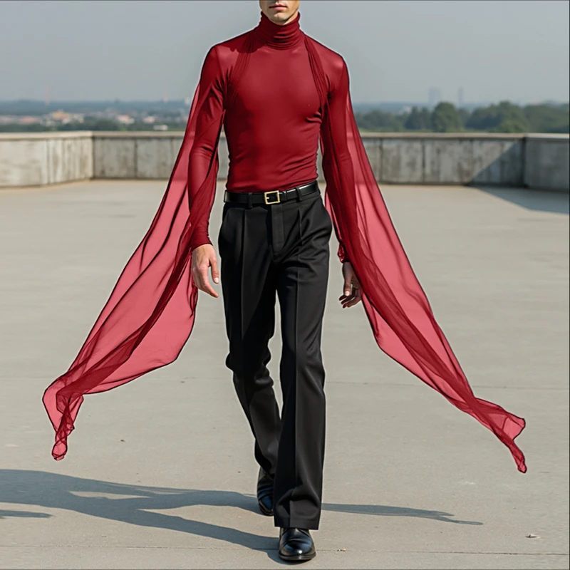 Men T Shirt Mesh Patchwork Turtleneck Long Sleeve See Through Men Clothing Streetwear Sexy Fashion Irregular Tee Tops
