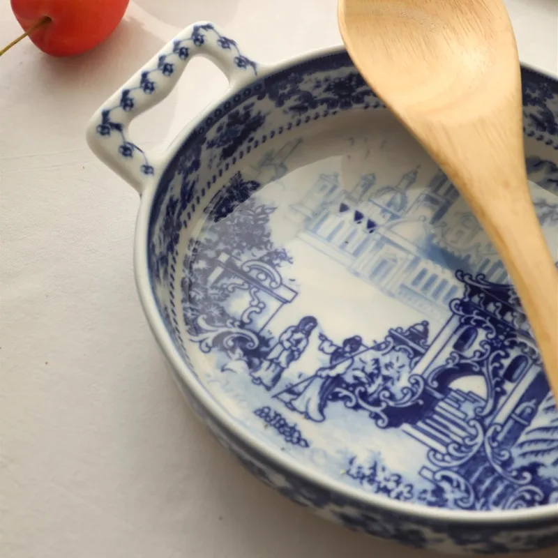 Blue & White Porcelain Casserole Dish DoubleHandled Baking Pan Vintage Ceramic Cookware for Kitchenware Traditional Cooking Pot