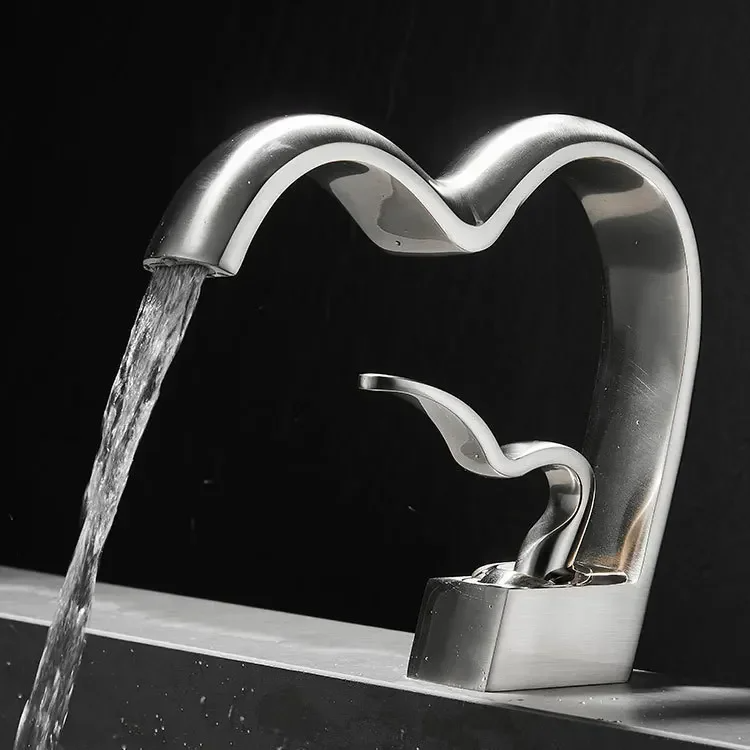 Brass Waterfall Bathroom Faucet Hot & Cold Heart-Shaped Basin Sink Mixer Tap