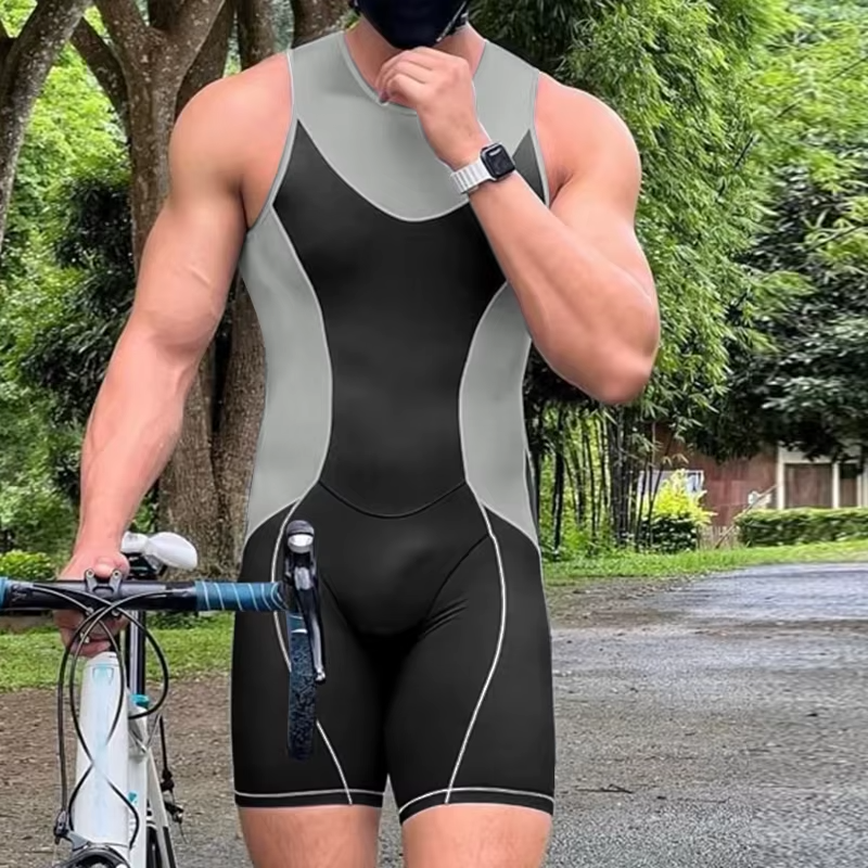 Bodysuits Patchwork Color-block O-neck Sleeveless Male Rompers Playsuits Streetwear Workout