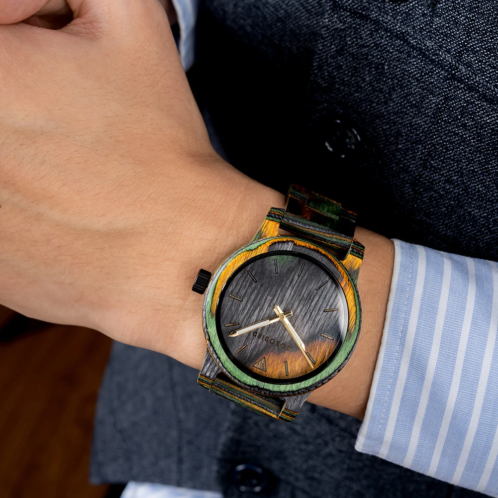 Men’s Colored Wood Quartz Watch – Laser Dial Fashion Casual Wristwatch Personalized Gift