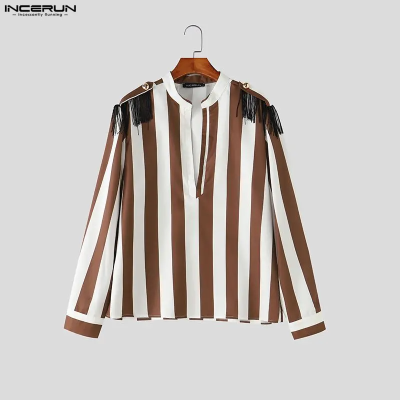 INCERUN Men's Tassel Striped Patchwork Shirt | V-Neck Long Sleeve Streetwear Top | Casual Fashion | FREE SHIPPING 👕🔥
