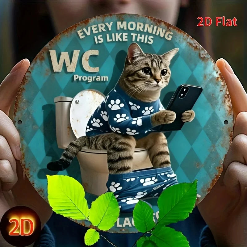 Vintage Toilet Cat with Phone Retro WC Sign – 20x20cm Aluminum Metal Bathroom Plaque – Free Shipping