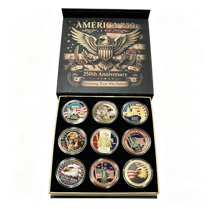 USA 250th Anniversary Commemorative Coin Set | 9-Piece Challenge Coins with Gift Box | America 1776–2026 | FREE SHIPPING