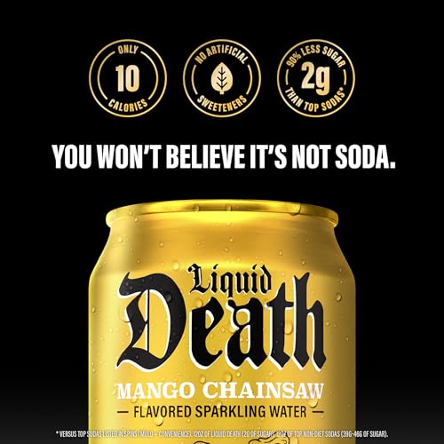 Liquid Death Mango Chainsaw Sparkling Water, 12 Fl Oz, 12 Pack, Less Sugar