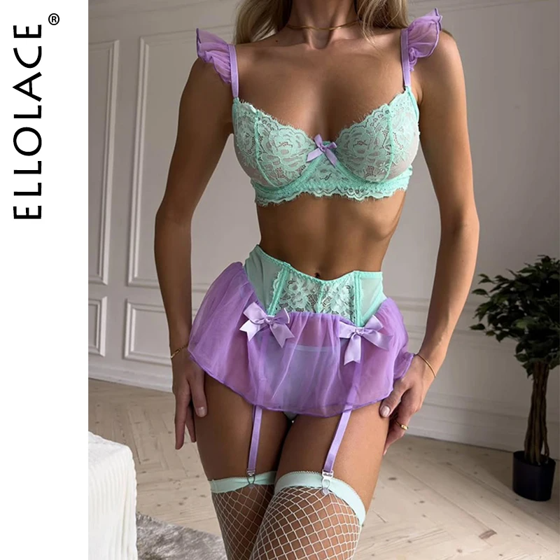 Ellolace Women's Lace & Tulle Lingerie Set | Ruffled Garter Ensemble | Romantic Lingerie | FREE SHIPPING
