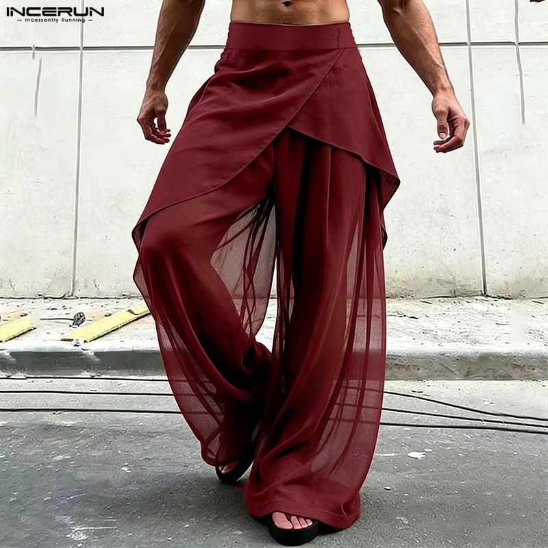 Men's Mesh Patchwork Wide Leg Pants Loose Fit See-Through Streetwear Trousers