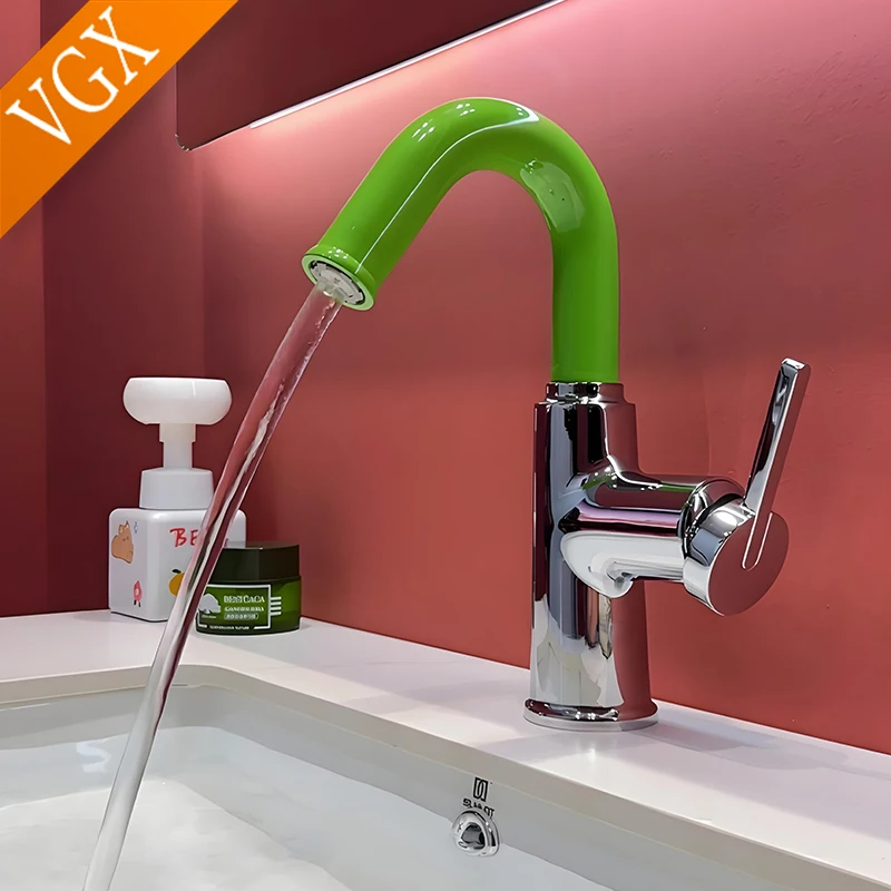 VGX Colorful Bathroom Faucets Brass Basin Mixer Sink Faucet Gourmet Pink Basin Faucet Washbasin Tapware Hot Cold Water Tap