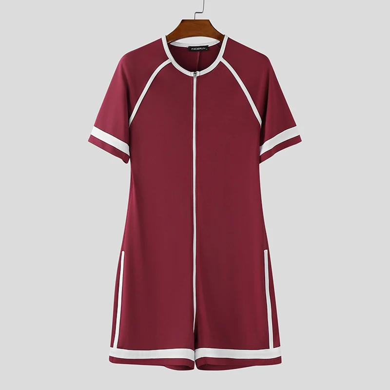 Men's Patchwork Bodysuit Short Sleeve O-Neck Zipper Romper Casual Workout Playsuit