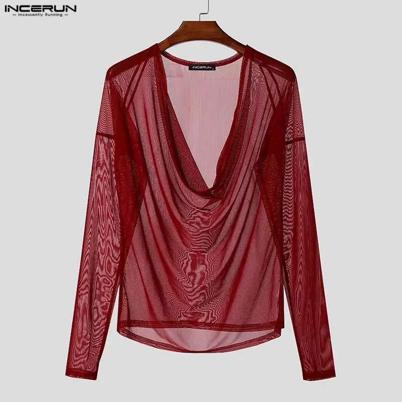 INCERUN Men T Shirt Mesh See Through Sexy Long Sleeve Casual Male Tee Tops Party Nightclub Streetwear Fashion Men Clothing S-5XL