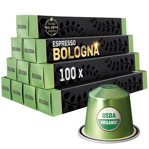 Bologna Organic Italian Espresso for Nespresso Original Line Machines | 100 Aluminum Capsules | Smooth Velvety Flavor | Fairtrade | Espresso Coffee Pods Compatible Only with Nespresso Original Machine