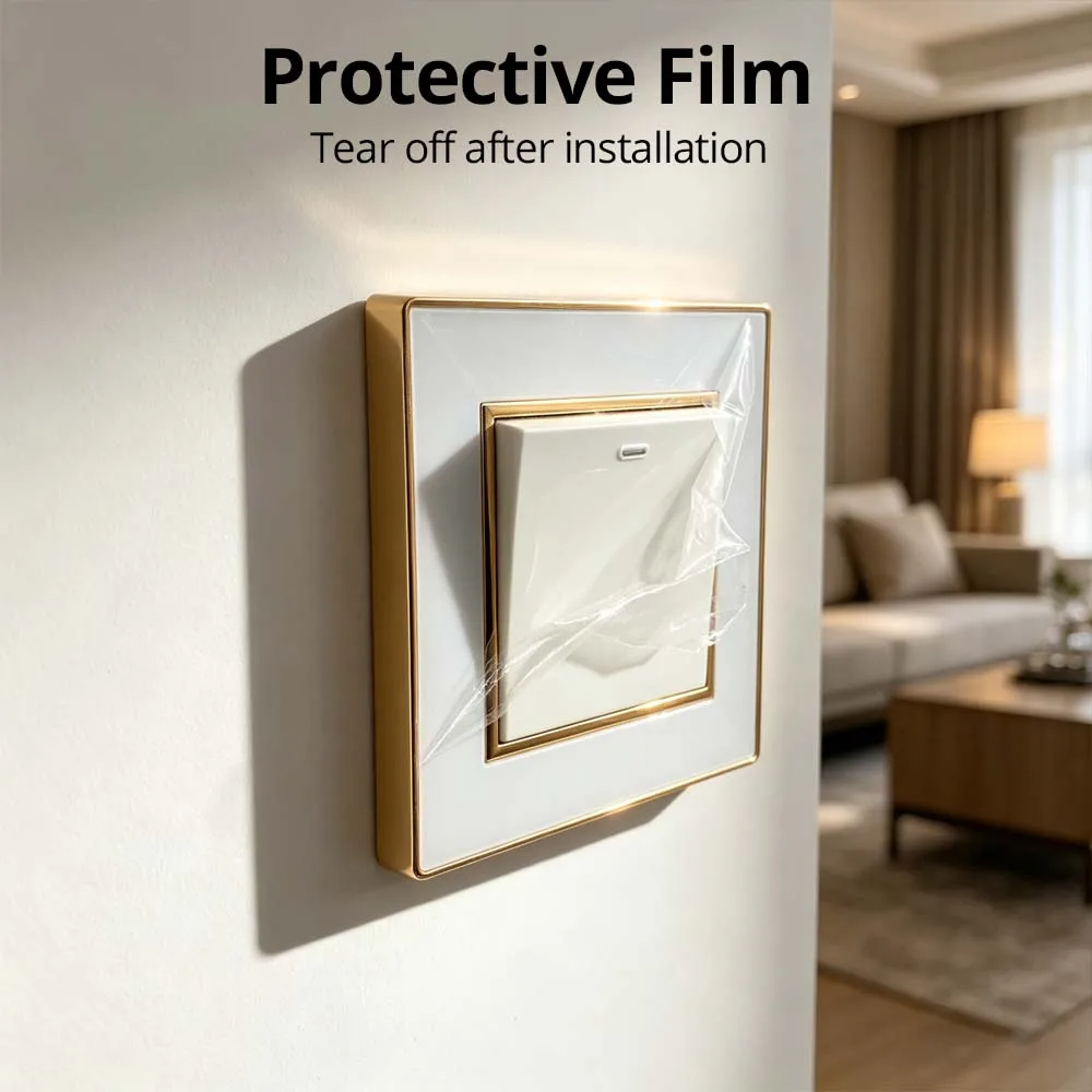 Wallpad White Acrylic Panel With Gold Border 2 Way Wall Light Switch With LED Indicator EU Electric Outlet With USB
