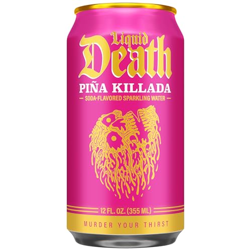 Liquid Death Soda-Flavored Sparkling Water - Piña Killada (Classic Piña Colada), Less Sugar*, Huge Flavor, No Caffeine, No Artificial Sweeteners, 12 Fl Oz (Pack of 12)