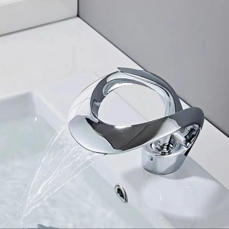 Bathroom Basin Taps Single Handle Waterfall Faucet Solid Brass Basin Mixer Taps Creative Hollowed Out Design Water Tap