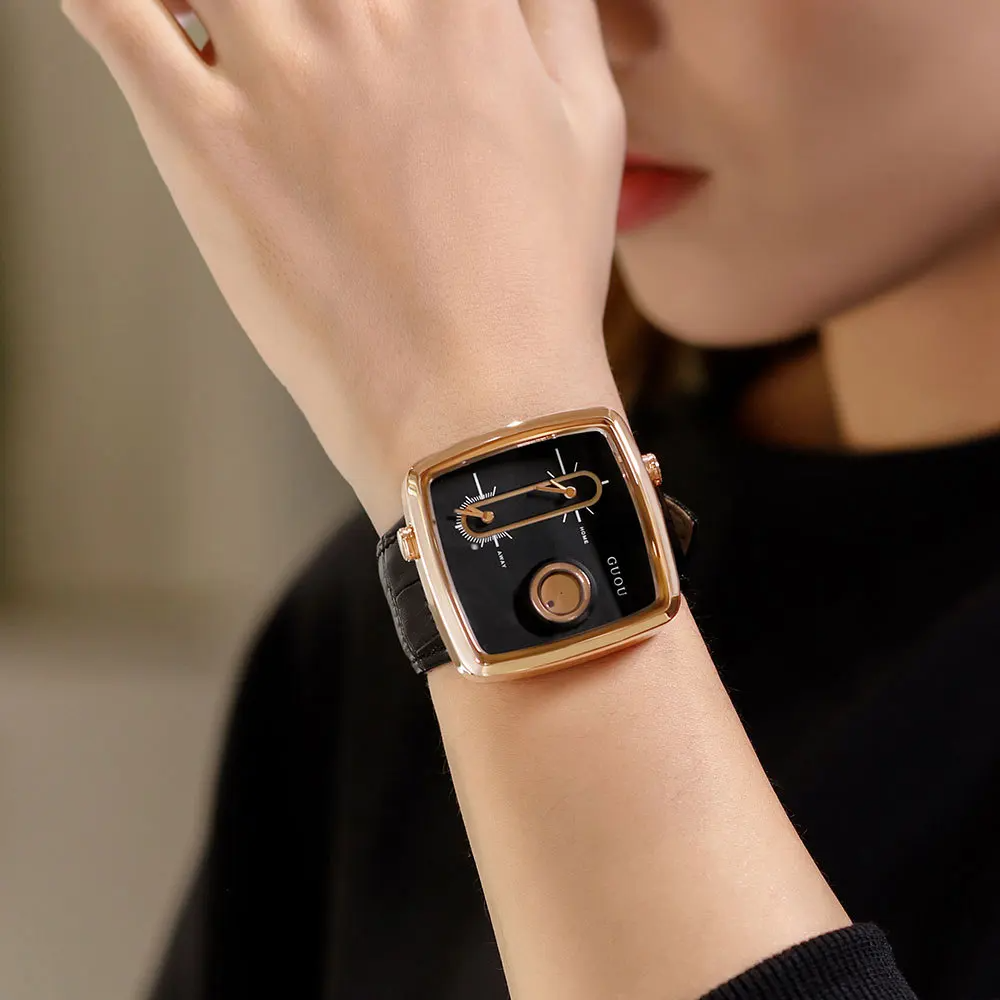 GUOU Unisex Square Quartz Watch | Dual Time Zone | Genuine Leather Strap | Water Resistant | Fashion Wristwatch | FREE SHIPPING ⌚✨