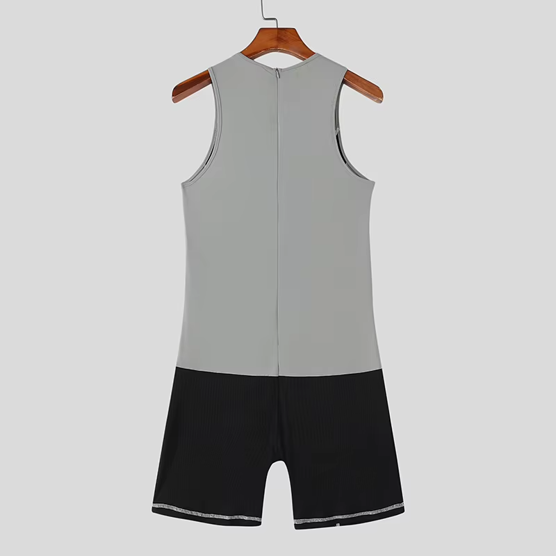 Bodysuits Patchwork Color-block O-neck Sleeveless Male Rompers Playsuits Streetwear Workout