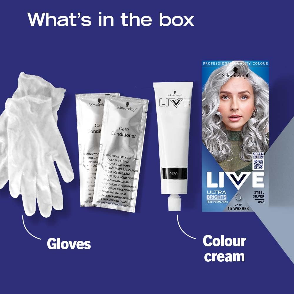 Schwarzkopf Live Ultra Bright or Pastel Color, Steel Silver Number 098 - Pack of 3 From Germany