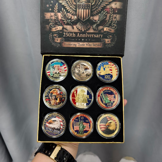 USA 250th Anniversary Commemorative Coin Set | 9-Piece Challenge Coins with Gift Box | America 1776–2026 | FREE SHIPPING