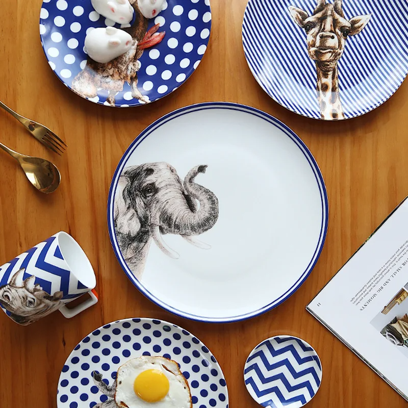 4pcs Creative Animal Giraffe Ostrich Elephant Rhino Ceramic Tableware Set Porcelain Dish Dinner Cake Plate Wall Decorative Plate