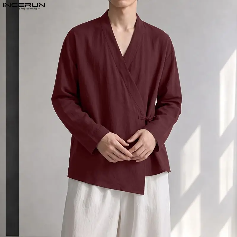 INCERUN Men's V-Neck Lace-Up Shirt | Long Sleeve Loose Fit Vintage Streetwear Top S-5XL | FREE SHIPPING