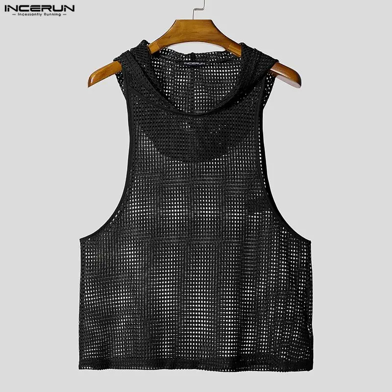 Men Tank Tops Mesh Hollow Out Sexy See Through Hooded Sleeveless Male Vests Solid Streetwear Fashion Men Clothing S-3XL