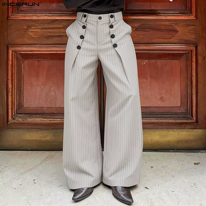 INCERUN Men's Striped Wide Leg Pants — Loose Pleated Casual Streetwear Trousers