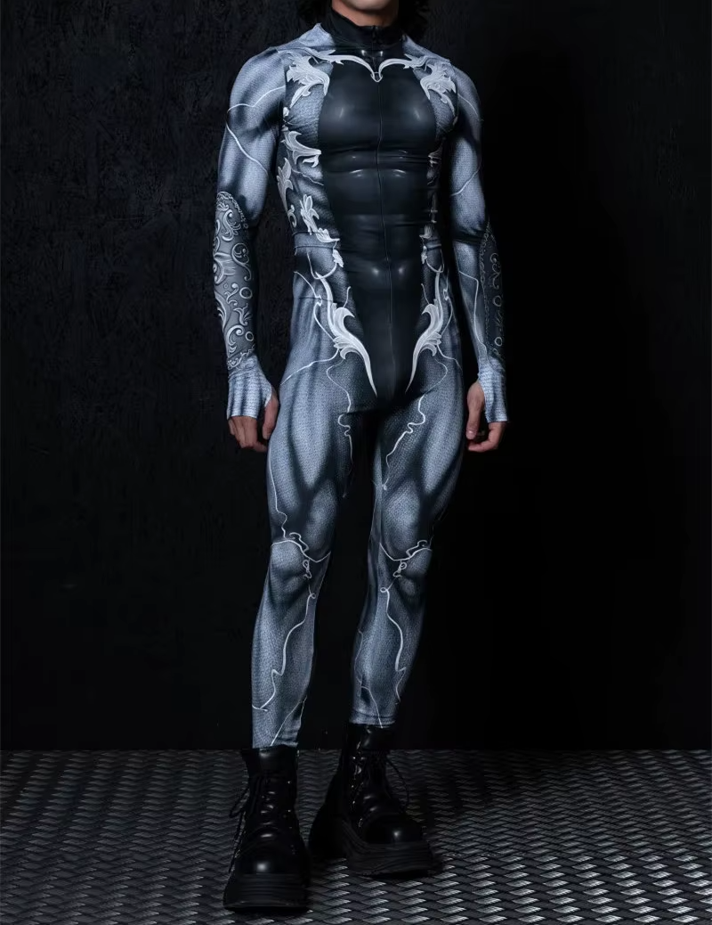 Men's Black Cyberpunk Cosplay Jumpsuit — Elastic Steampunk Costume Romper
