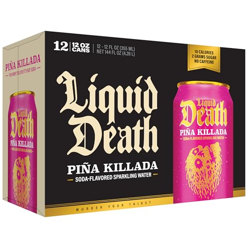 Liquid Death Soda-Flavored Sparkling Water - Piña Killada (Classic Piña Colada), Less Sugar*, Huge Flavor, No Caffeine, No Artificial Sweeteners, 12 Fl Oz (Pack of 12)