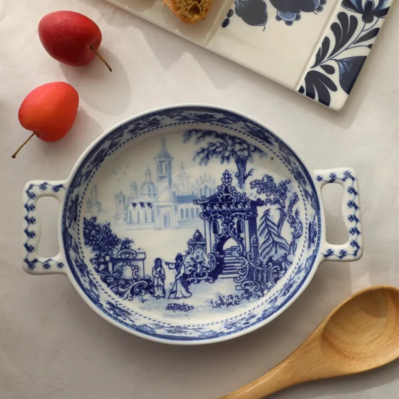 Blue & White Porcelain Casserole Dish DoubleHandled Baking Pan Vintage Ceramic Cookware for Kitchenware Traditional Cooking Pot