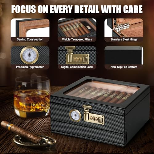 Tesonway Cigar Humidor Cedar Wood Glass Top 20-35 Count Hygrometer Lock BlackHumidor with Front Hygrometer, Humidifier, Divider, Accessories Drawer and Combination Lock, Cigar Gifts for Men (Carbon Black)