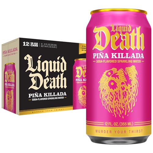 Liquid Death Soda-Flavored Sparkling Water - Piña Killada (Classic Piña Colada), Less Sugar*, Huge Flavor, No Caffeine, No Artificial Sweeteners, 12 Fl Oz (Pack of 12)