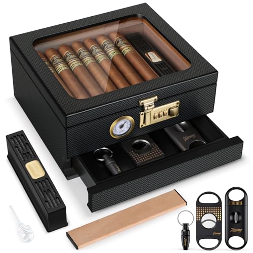 Tesonway Cigar Humidor Cedar Wood Glass Top 20-35 Count Hygrometer Lock BlackHumidor with Front Hygrometer, Humidifier, Divider, Accessories Drawer and Combination Lock, Cigar Gifts for Men (Carbon Black)