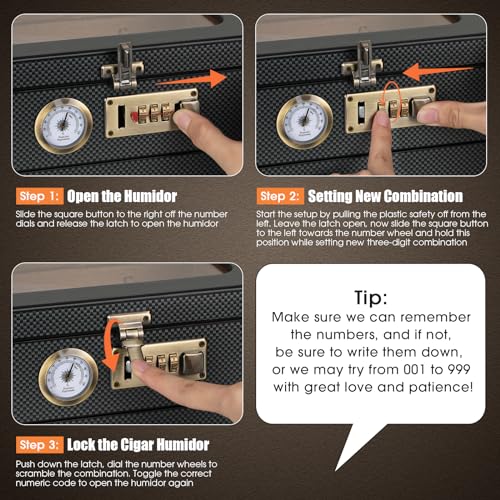 Tesonway Cigar Humidor Cedar Wood Glass Top 20-35 Count Hygrometer Lock BlackHumidor with Front Hygrometer, Humidifier, Divider, Accessories Drawer and Combination Lock, Cigar Gifts for Men (Carbon Black)