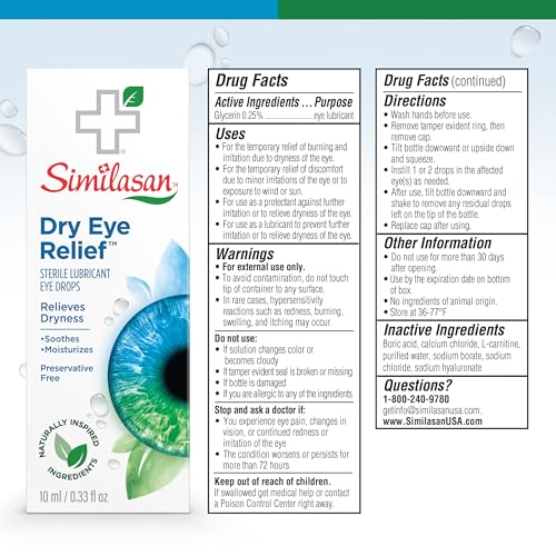 Similasan Dry Eye Relief Drops, Instant and Lasting Relief, Naturally Inspired Ingredients for Dry, Irritated Eyes, with Hyaluronate, Preservative-Free, pH Balanced, Gentle for Sensitive Eyes, 10ml