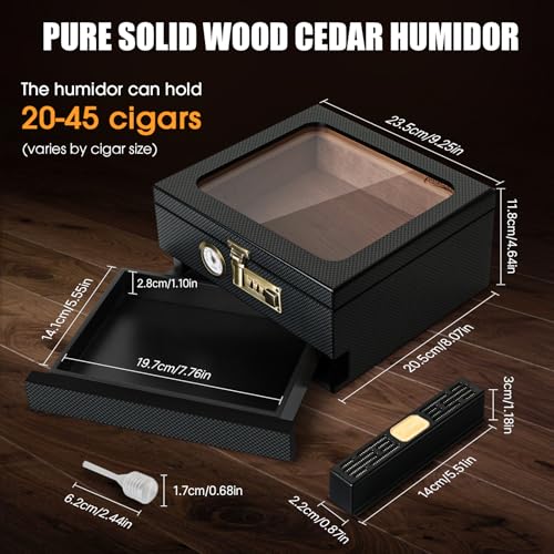 Tesonway Cigar Humidor Cedar Wood Glass Top 20-35 Count Hygrometer Lock BlackHumidor with Front Hygrometer, Humidifier, Divider, Accessories Drawer and Combination Lock, Cigar Gifts for Men (Carbon Black)